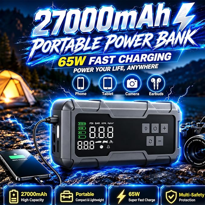 9000A Jump Starter with Air Compressor 10-1 Portable Tire Inflator German Fast-Charging Power Bank Car Diesel Battery Booster for Car Owners Camping, Road Trips, Family Safety & Gift