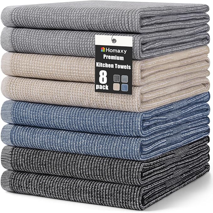 Homaxy Premium Kitchen Towels(18”x 28”, 8 Pack), Large Cotton Kitchen Hand Towels, Flat and Terry Dish Towels, 380 GSM Highly Absorbent Tea Towel Set with Hanging Loop, Mixed Color