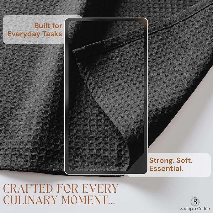 Black Waffle Kitchen Dish Towels, 100% Cotton, Quick Dry, Super Absorbent, Soft, 16x26 Inches - Ideal for Dish Drying, Bar, Hand Wipe, Cleaning, and Everyday Use, 4 Pack