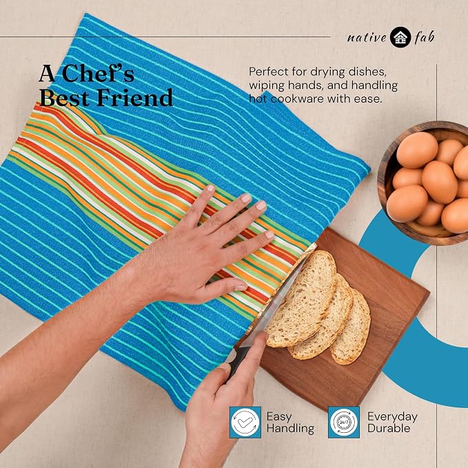 Native Fab Mexican Salsa Stripe Kitchen Towels, 12 Pack, 18x28 Inches, Cotton Dish Towels, High Absorbent, Rustic Farmhouse Boho Kitchen Decor, Reusable, Washable Dishcloth Set, Turquiose Blue