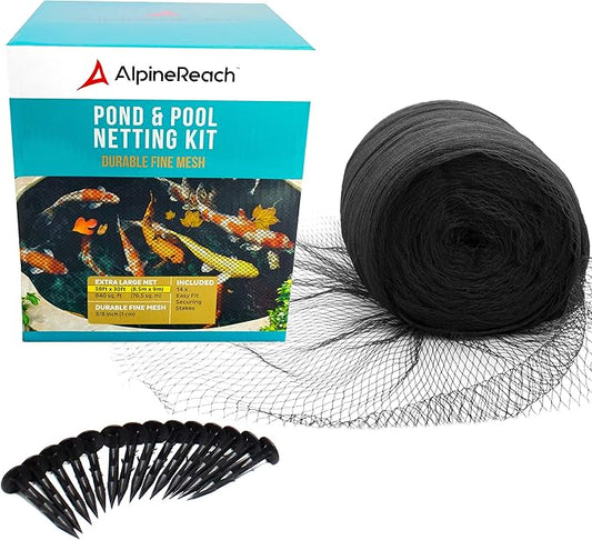 AlpineReach Koi Pond Netting Kit 28 x 30 ft Black Heavy Duty Woven Fine Mesh Net Cover for Leaves - Protects Koi Fish from Blue Heron Birds, Cats & Predators – Reusable & Stakes Included