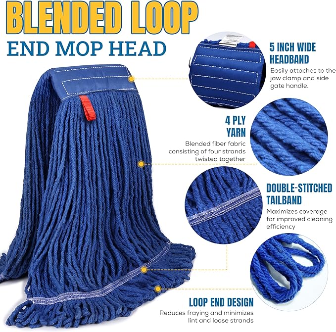 KLEEN HANDLER Blended Loop End Heavy Duty Mop Head Replacement, Wet Mop Refills for Industrial and Commercial Use, Dark Blue, 24 Oz (6-Pack)
