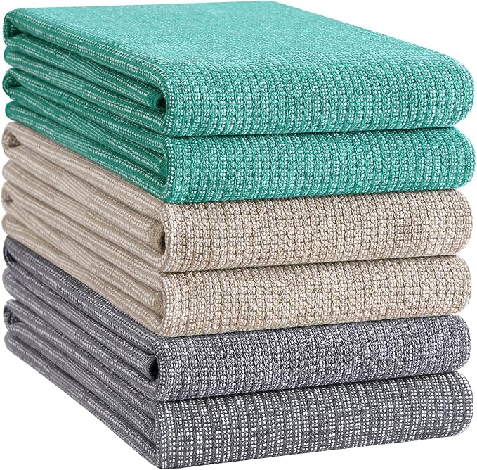 Homaxy Premium Kitchen Towels(18”x 28”, 6 Pack), Large Cotton Kitchen Hand Towels, Flat and Terry Dish Towels, 380 GSM Highly Absorbent Tea Towel Set with Hanging Loop, Grey/Green/Khaki