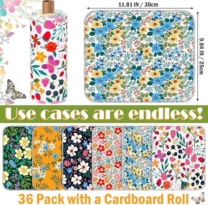 Redbaker 18 Pcs Flower Reusable Paper Towels Rolls Washable Paperless Paper Towels Bulk Cloth Cotton Napkin with Cardboard Reusable Napkins for Kitchen Dishes Bathroom Home Table
