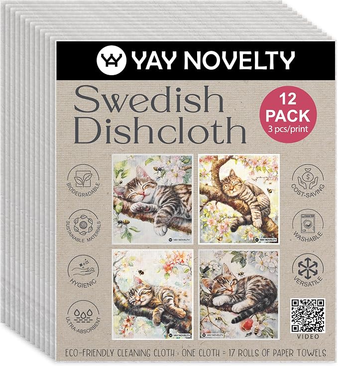 Swedish Dishcloths - 12 Pack | Made in Germany | Ultra-Absorbent, Reusable Cellulose Sponge Cloths for Kitchen | No-Odor, Eco-Friendly Cleaning Wipes | Water-Based Ink | Kitten