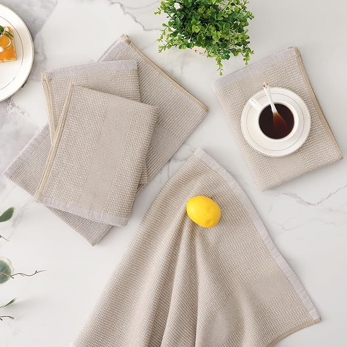 Mordimy Premium Kitchen Towels 8 Pack (18 x 28 Inches, Khaki), Large Cotton Kitchen Hand Towel, Flat & Terry Dish Towels for Drying Dishes, Super Absorbent Tea Dishtowels Set with Hanging Loop