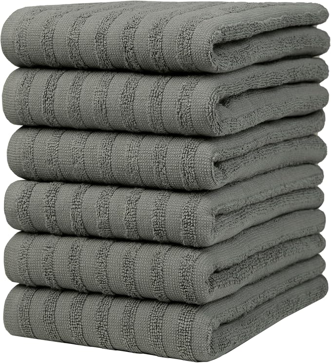 Premium Kitchen Towels (20”x 28”, 6 Pack) | Large Cotton Dish Towels 450 GSM | Highly Absorbent Terry Kitchen Linen Set with Hanging Loop | Anthracite Solid