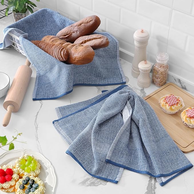 Homaxy Premium Kitchen Towels(18”x 28”, 3 Pack), Large Cotton Kitchen Hand Towels, Flat and Terry Dish Towels, 380 GSM Highly Absorbent Tea Towels Set with Hanging Loop, Navy Blue