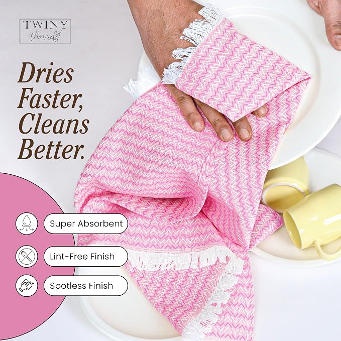 TWINY threads Kitchen Dish Towel Chevron Weave Mixed Color Pack, Premium 100% Cotton Kitchen Linen Set, Absorbent Quick Drying Dish Rags, Washable Reusable Multi Purpose, Set of 4, 16x26 Inches