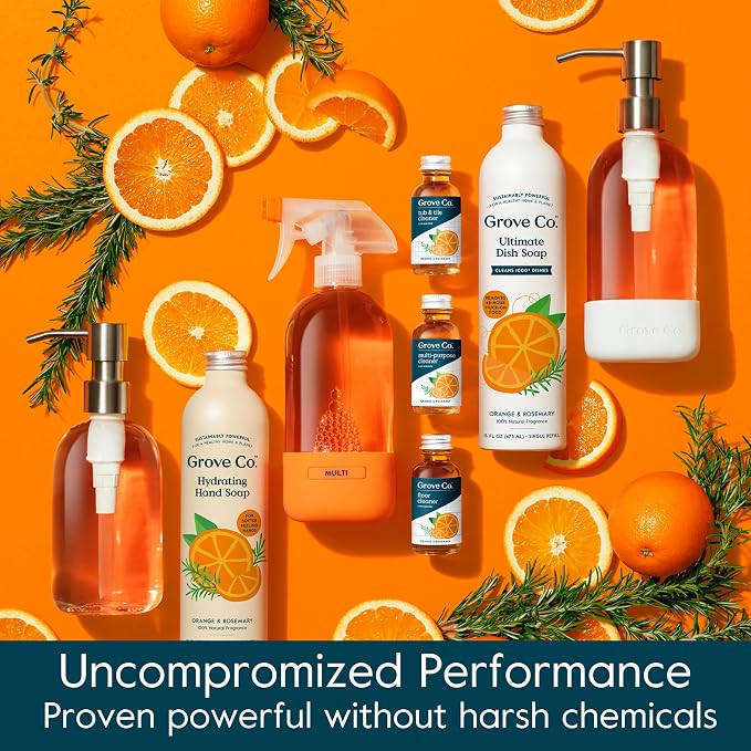 Grove Co. Floor Cleaner, 6 x 1 fl oz (Pack of 6), Orange & Rosemary | Chlorine Free; Ammonia Free; No Plastic Waste; Plant-Based; Removes Stains; Natural Fragrance; No Harsh Chemicals
