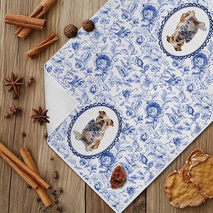 Chinoiserie French Bulldog Kitchen Towels, Blue and White Floral French Bulldog Gifts for Women Dish Tea Towels,Grandmillennial Botanical Dog Hand Towels for Kitchen Bathroom, 16x24 Inch