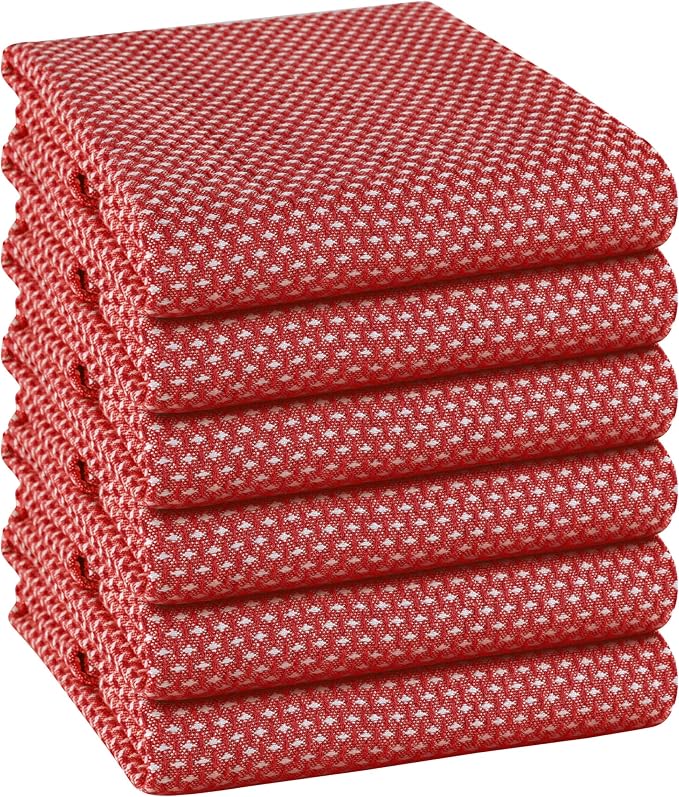 TWINY threads 6-Pack Cotton Kitchen Towels, 18x28 Inches, Soft & Absorbent Dish Cloths Set with Hanging Loop, Quick-Dry, Reusable and Washable Washcloths for Cooking, Baking & Cleaning Tasks, Red