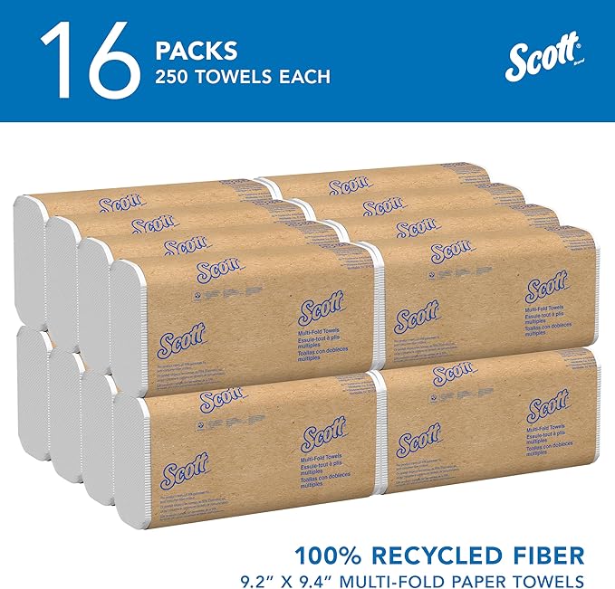 Scott Professional Universal 100% Recycled Fiber Multifold Paper Towels, Bulk (01807), Absorbency Pockets, 9.2"x9.4" Towel, Compressed, Compact (250 Sheets/Pack, 16 Packs/Case, 4,000 Sheet Total)