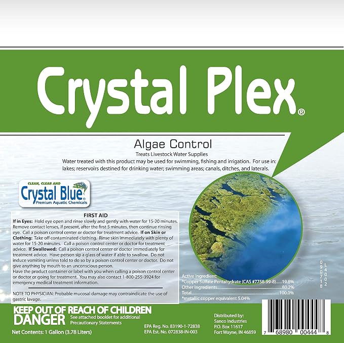 Crystal Plex - Lake and Pond Algaecide Treatment - Liquid Copper Algaecide Kills and Prevents Various Types of Algae (Planktonic, Filamentous, Chara) - 1 Gallon Treats up to 1 Acre