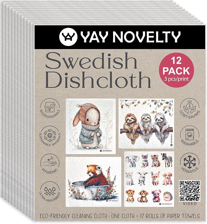 Swedish Dishcloths - 12 Pack | Made in Germany | Ultra-Absorbent, Reusable Cellulose Sponge Cloths for Kitchen | No-Odor, Eco-Friendly Cleaning Wipes | Water-Based Ink | Animals