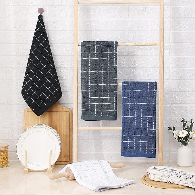 Homaxy 100% Cotton Terry Kitchen Towels(Multiple Colour, 13 x 28 inches), Checkered Designed, Soft and Super Absorbent Dish Towels, 6 Pack
