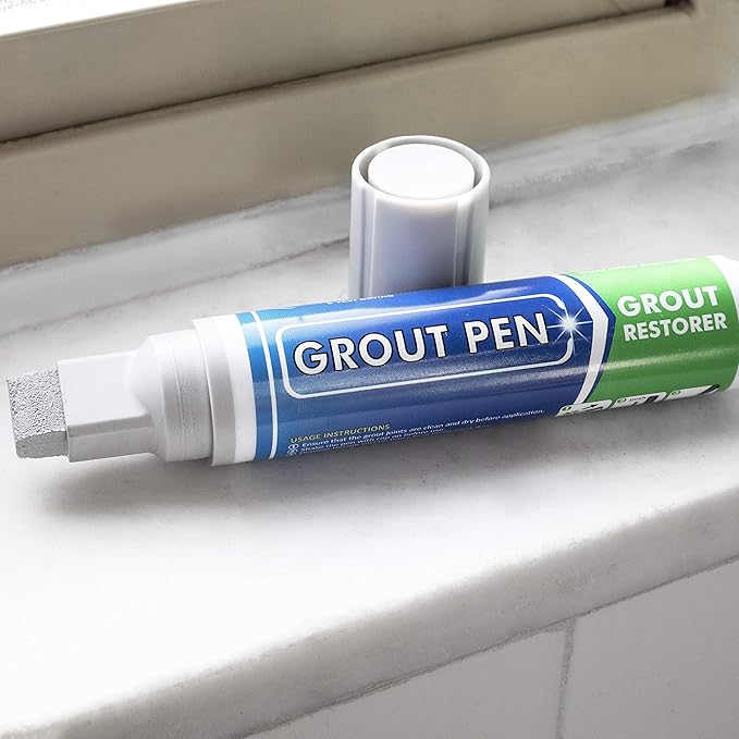 Grout Pen Tile Paint Marker: Waterproof Grout Colorant and Sealer Pen to Renew, Repair, and Refresh Tile Grout - Cleaner Coating Stain Pens - 2 Pack, 15mm Wide Light Grey and 5mm Narrow White Tip