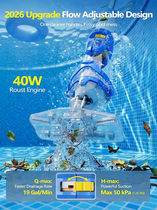 LanOcean Cordless Pool Vacuum for Inground Pool, Flow Adjustable, Transparent Brush Head–Visible Cleaning, 1140GPH Powerful Suction Handheld Pool Vacuum for Above Ground Pool, 70Mins Runtime-Blue