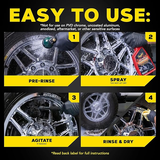 Meguiar's Hot Rims Chrome Wheel Cleaner 6 Pack, 24 oz Spray Bottles (6 x 24 oz = 144 oz Total) Xtreme Cling foaming gel removes brake dust and road grime from true chrome wheels for mirror-like shine