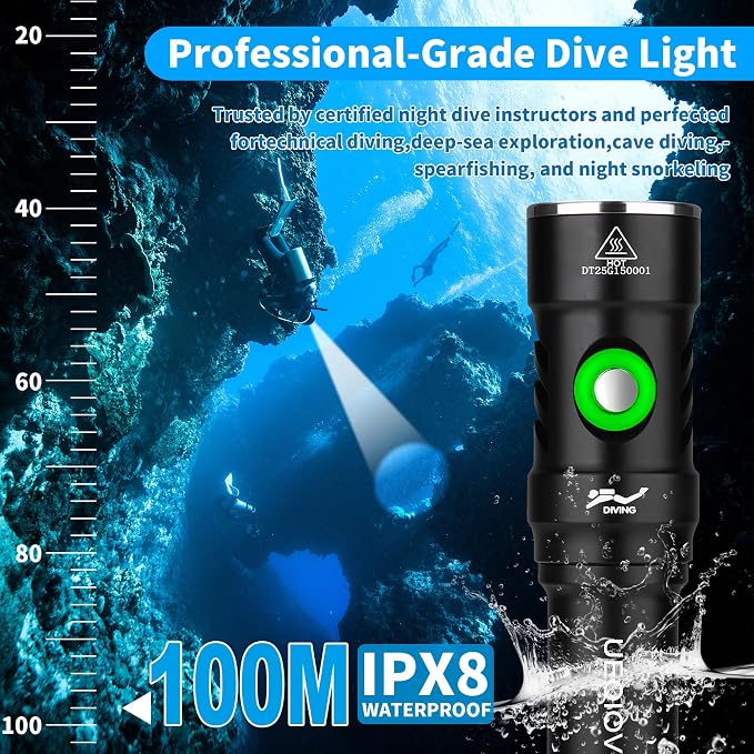 Dive Light Underwater Diving Flashlight, Super Bright Rechargeable Waterproof Flashlight with Battery Level Indicator, Suitable for Scuba Diving and Snorkeling Night Diving Light