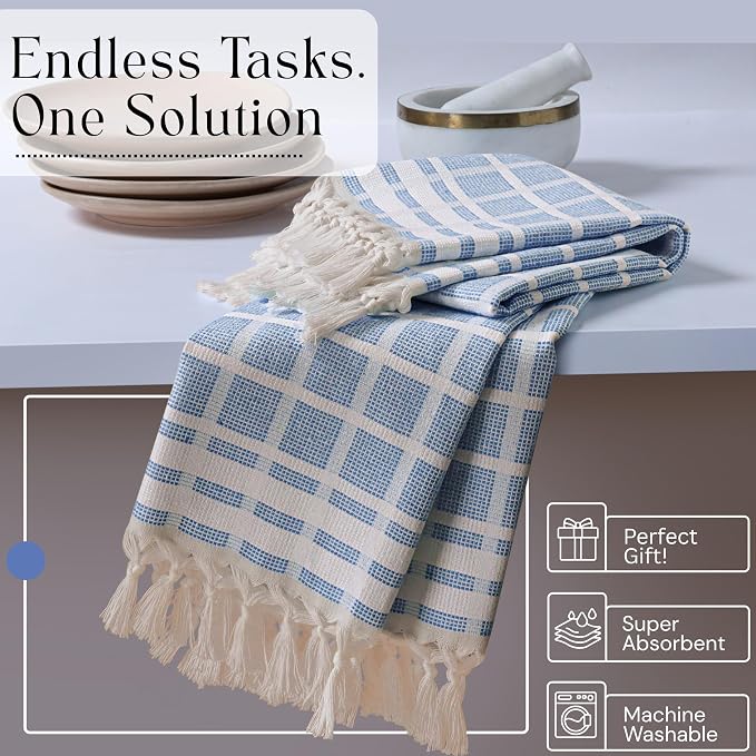 Matrix Dobby Kitchen Towels 4 Pack, 100% Cotton, 16x26 Inches, Handmade Knotted Tassel Dish Towels, Quick Dry, Durable, Absorbent and Reusable Cleaning Cloths - Sky Blue, Natural
