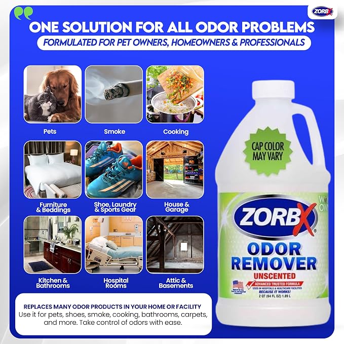 ZORBX Unscented Odor Eliminator Spray 64 Oz – Hospital-Grade Permanent Odor Remover for Pet & Human Urine, Smoke & Strong Household Odors – Carpet, Upholstery, Mattress, Bathroom, Car & More