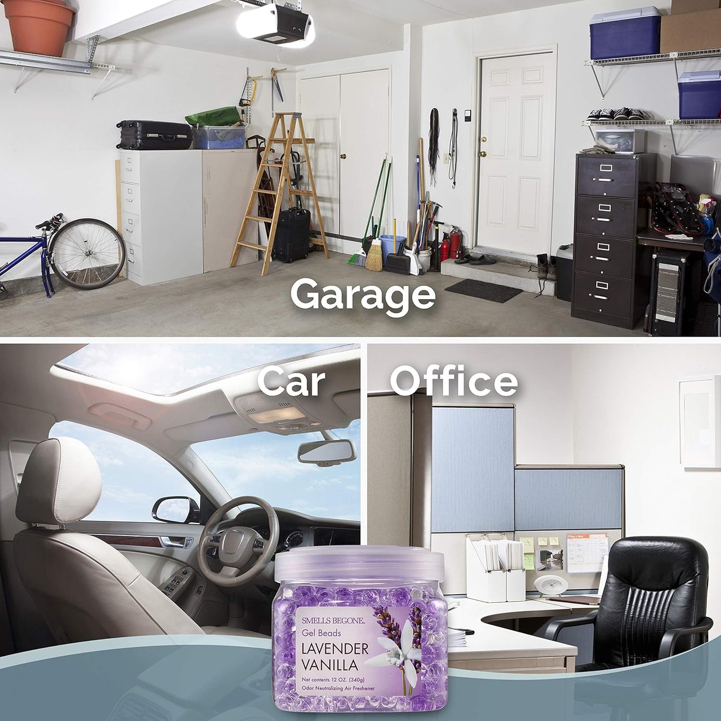 SMELLS BEGONE Odor Eliminator Gel Beads - Air Freshener - Eliminates Odor in Bathrooms, Cars, Boats, RVs & Pet Areas - Made with Essential Oils - Lavender Vanilla Scent - 12 Ounce