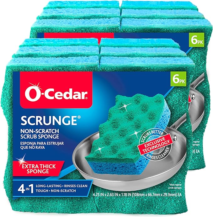 O-Cedar Multi-Use Scrunge Scrub Sponge (12 CT) with Playtex Living Reuseable Rubber Cleaning Gloves (Medium, 3 Pairs)