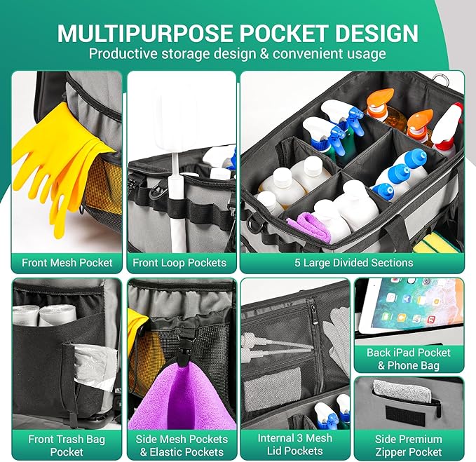Large Rolling Cleaning Caddy Bag w/Detachable Trolley & Lid - Portable Cleaning Cart on Wheels w/Shoulder Strap & Waist Pouch - Cleaning Supplies & Tool Organizer for Home, Office, Car (Gray)
