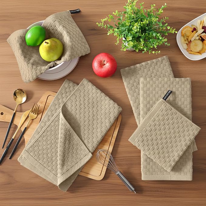 Homaxy 100% Cotton Terry Kitchen Towels(15" x 25", 8 Pack), Soft and Super Absorbent Dish Towels, 380 GSM Reusable Tea Towel with Hanging Loop, Pineapple Grid Designed, Tan