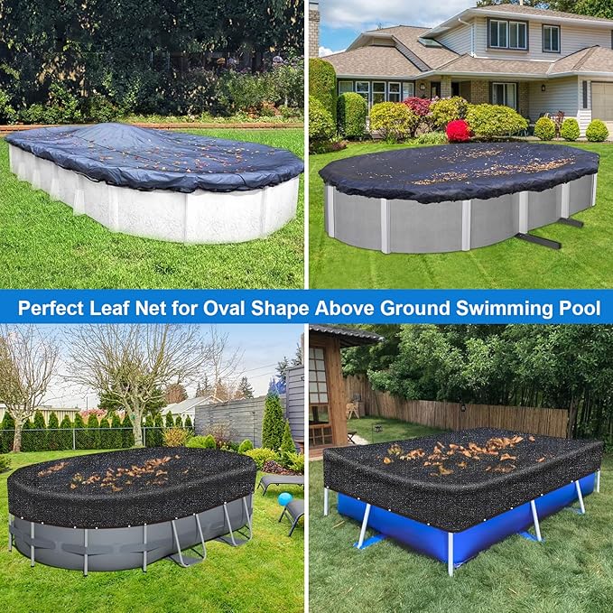 16 Ft x 32 Ft Oval Pool Leaf Net Cover, Fine Mesh Oval Above Ground Swimming Pool Leaf Net Cover, Covers Size: 20 Ft x 36 Ft (Includes 4-feet Overlap), Black