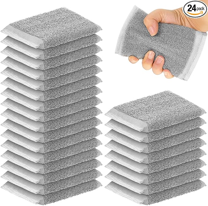 Thyle 24 Pack Steel Scrub Sponges for Dishes Non Scratch Scouring Multi Use Metal Scrubber Heavy Duty Dish Wash Kitchen Sponge for Pot Dish Washing Hard Surface Cleaning (Gray)