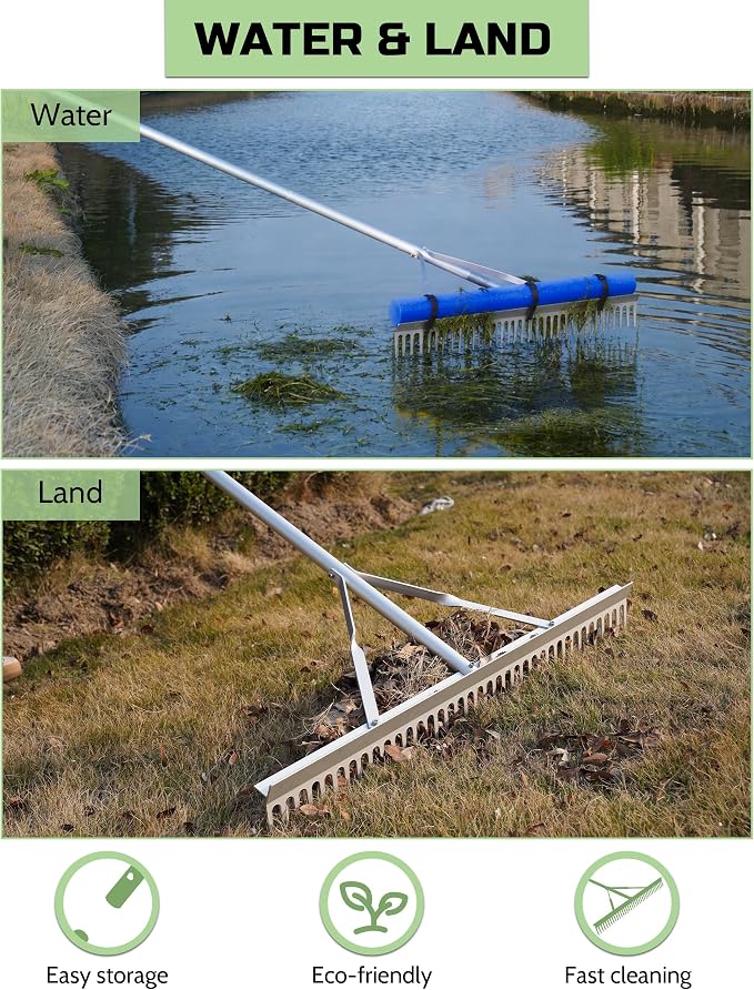 Pond Rake, 36" Floating Rake with 8.5ft (102in) Extension Handle & 20ft Rope, Aluminum Aquatic Weed Rake for Lake, Landscape Rake for Algae, Muck & Debris Removal, 2-in-1 Water & Land Tool Blue