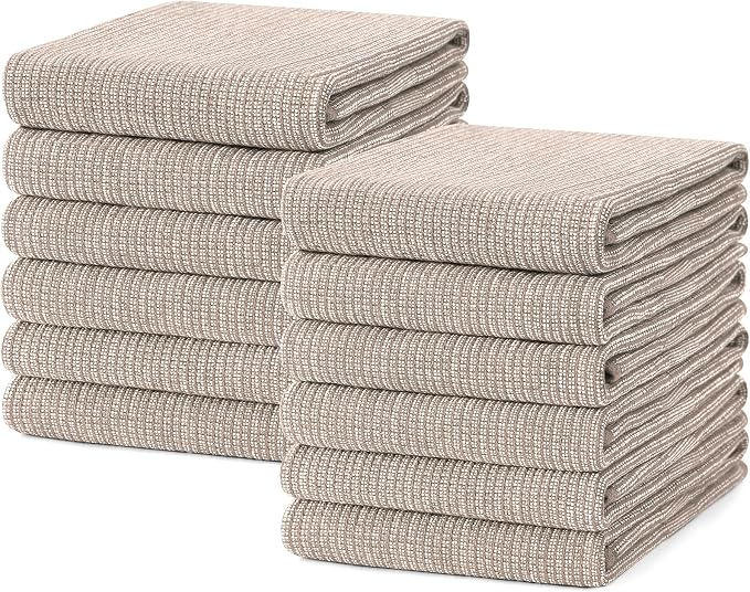 Mordimy Premium Kitchen Towels 12 Pack (18 x 28 Inches, Khaki), Large Cotton Kitchen Hand Towel, Flat & Terry Dish Towels for Drying Dishes, Super Absorbent Tea Dishtowels Set with Hanging Loop