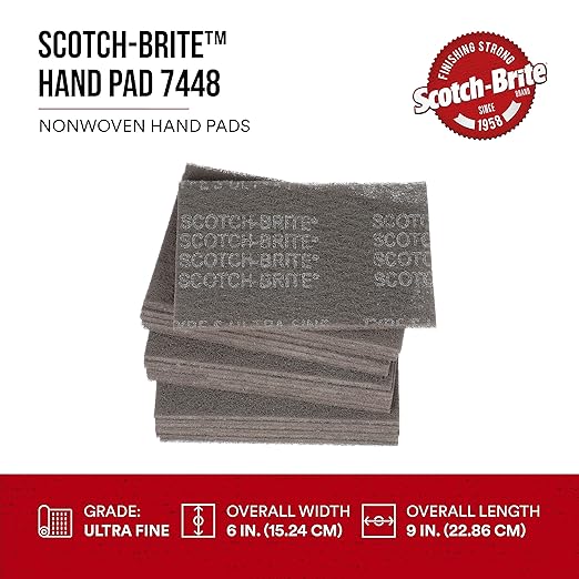 3M Scotch-Brite Ultra Fine Grade 7448 Hand Pad, Pack of 20, 6 in x 9 in Hand Pads, Nonwoven Silicon Carbide, Surface Preparation, Scuffing, and Cleaning, Gray