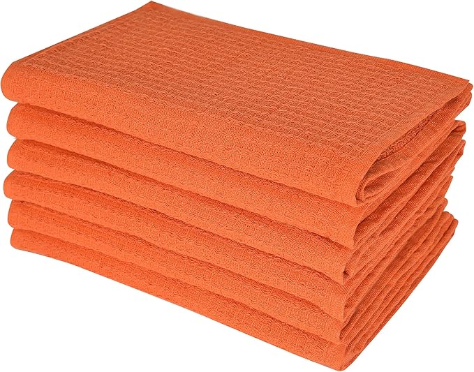 Dish Cloths|Kitchen Dish Towels Two-sided Waffle Terry|12x12 Inches 100% Cotton|Super Absorbent Reusable Quick Drying|Orange 6-Pc Set