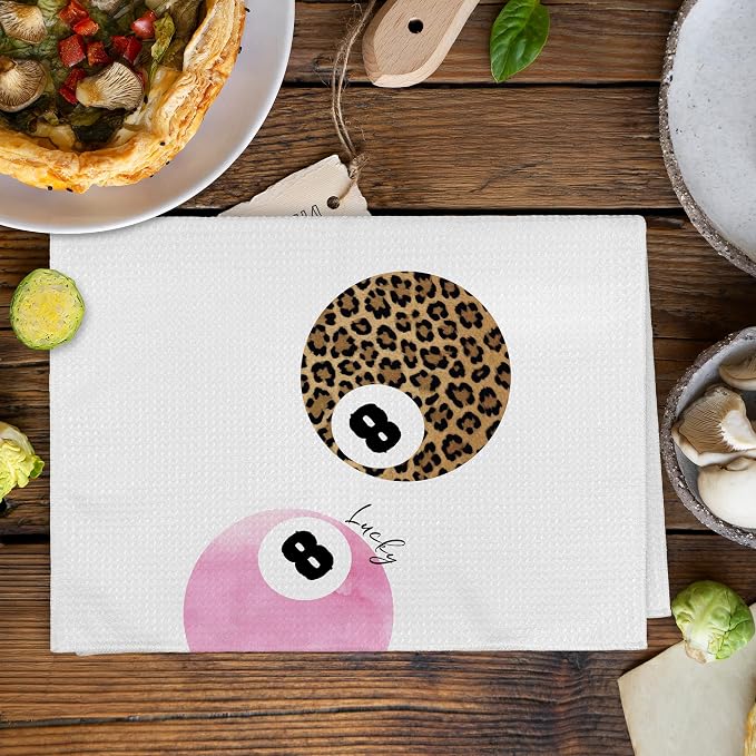 Trendy Leopard Cheetah Print Poker Lucky 8 Ball Bathroom Decor, Preppy Pink Plaid Decor Dish Hand Towels for Bathroom Kitchen Sets of 2, Cheetah Gingham Kitchen Towels and Dishcloths,16x24in