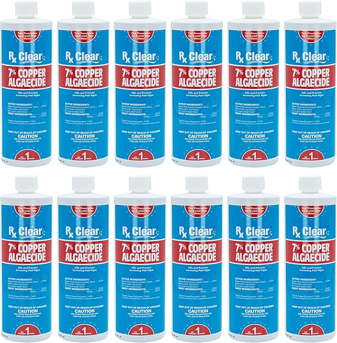 Rx Clear 7% Copper Algaecide | Kills and Prevents Algae for In-Ground and Above Ground Swimming Pools | Safe Formula for Swimmers | One Quart Bottles | 12 Pack