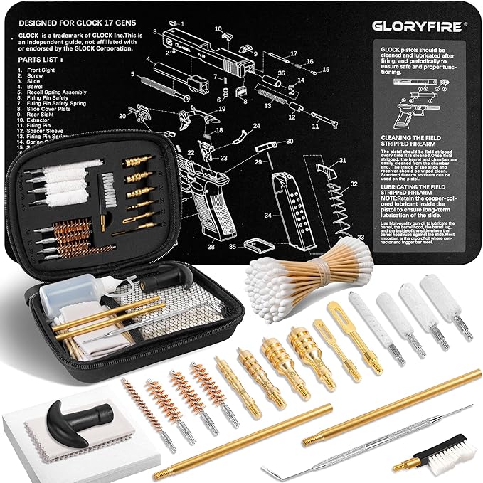 GLORYFIRE Universal Gun Cleaning Kit Fits .22 .357/9mm .38 .40 .45 Cal Handguns & Pistols Compact Carrying Case for Portability Multiple Styles with Brass or Plastic Jags & Tips for Shooting and Range