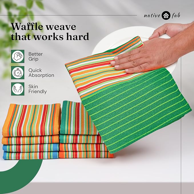 Native Fab Mexican Salsa Stripe Kitchen Towels, 8 Pack, 18x28 Inches, 100% Cotton, Soft, Super Absorbent Dish Towels for Drying Dishes, Everyday Kitchen Use, Reusable, Washable, Green