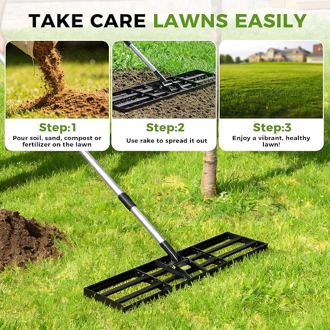 Lawn Leveling Rake, 45"x10" Stainless Steel Lawn Leveler with 76" Adjustable Handle, Heavy-Duty Yard Leveling Rake for Garden, Golf Course, Farm, Pasture, Professional Lawn Care Tool