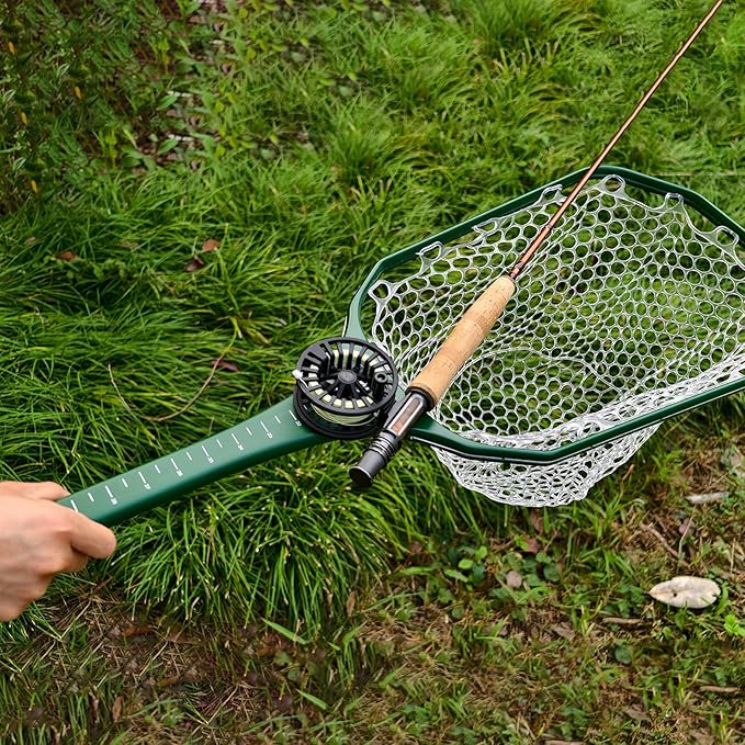 Aventik Floating Fly Fishing Net Carbon Fiber Square Landing Net with Accurate Measuring Handle Clear Rubber Ghost Mesh for Professional Trout Fishing Catch & Release