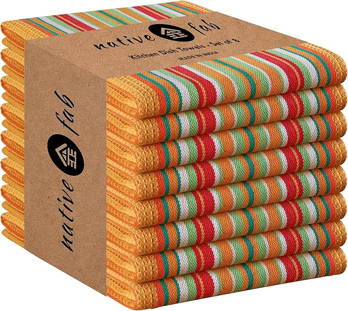 Native Fab Mexican Salsa Stripe Kitchen Towels, 8 Pack, 18x28 Inches, 100% Cotton, Highly Absorbent, Soft, Dish Towel for Drying Dishes, Everyday Kitchen Use, Reusable, Washable, Mustard Yellow