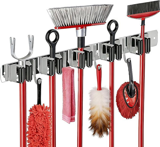 5 Racks and 4 Hooks Mop and Broom Holder Wall Mount, SUS304 Heavy Duty Broom Organizer Storage Tool Racks, Self Adhesive Solid Non-slip Tool Hangers for Home Kitchen Garden Laundry Garage