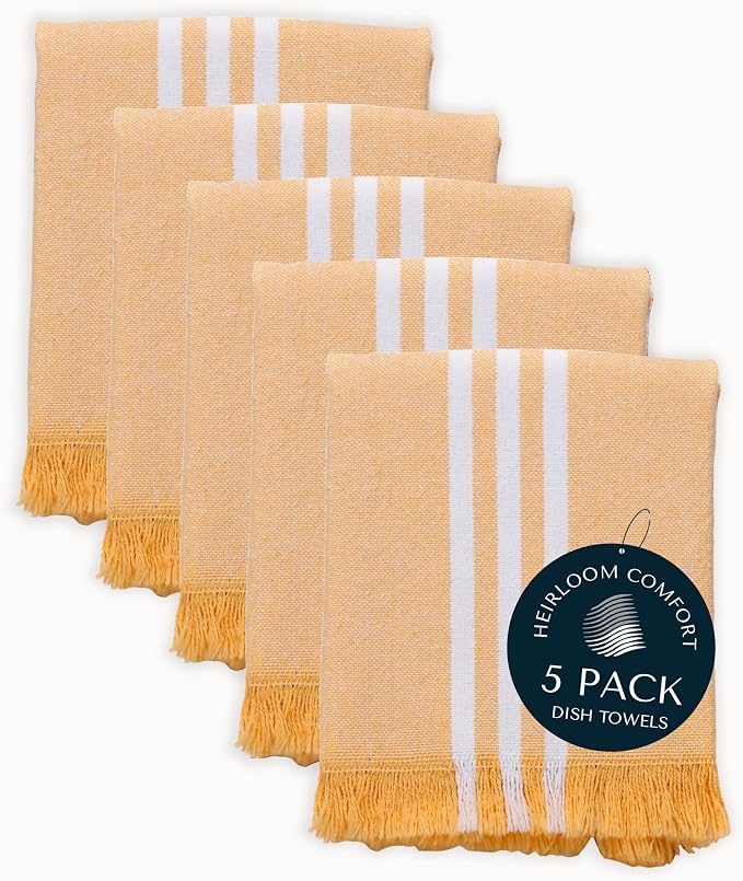 5 Pack Monochrome Stripe Dish Towels with Fringes, 16x26 Inch, 100% Cotton, Ultra Absorbent & Reusable, Quick Drying Kitchen Towels for Cleaning, Cooking, Drying, Mustard Yellow