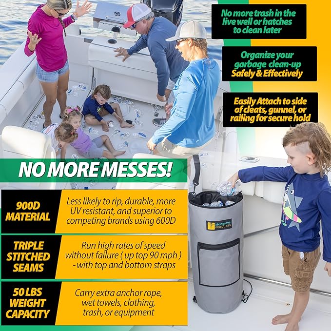 Mangrove Products: Portable Boat Trash Can, Reusable Trash Bag, Boating Equipment, Boat Storage, Boat Accessories Marine, Pontoon Boat Accessories, Fishing, Sandbar, RV, or Camping