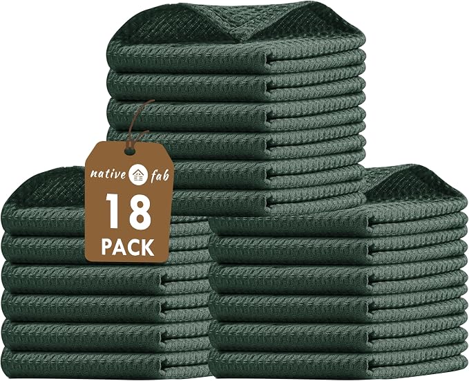 Native Fab 18 Pack Dish Cloths - Soft, Absorbent, Quick Drying, Washable Towels for All Cleaning, Cooking, Baking, 100% Cotton, Ideal for Home, Restaurants, Bars & Multi Purpose Use - Olive Green