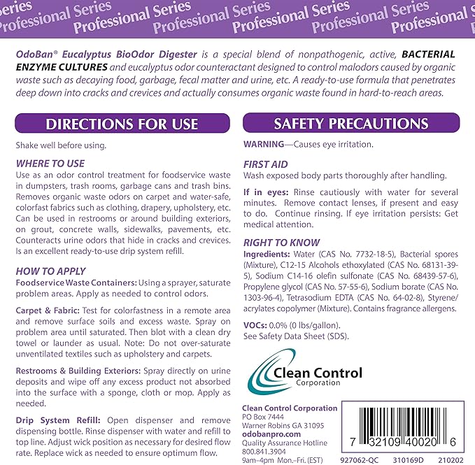 OdoBan Professional Cleaning Ready-to-Use BioOdor Digester Harsh Aroma Counteractant, Made in the USA, Eucalyptus Scent, 4-Pack, 1 Gallon Each