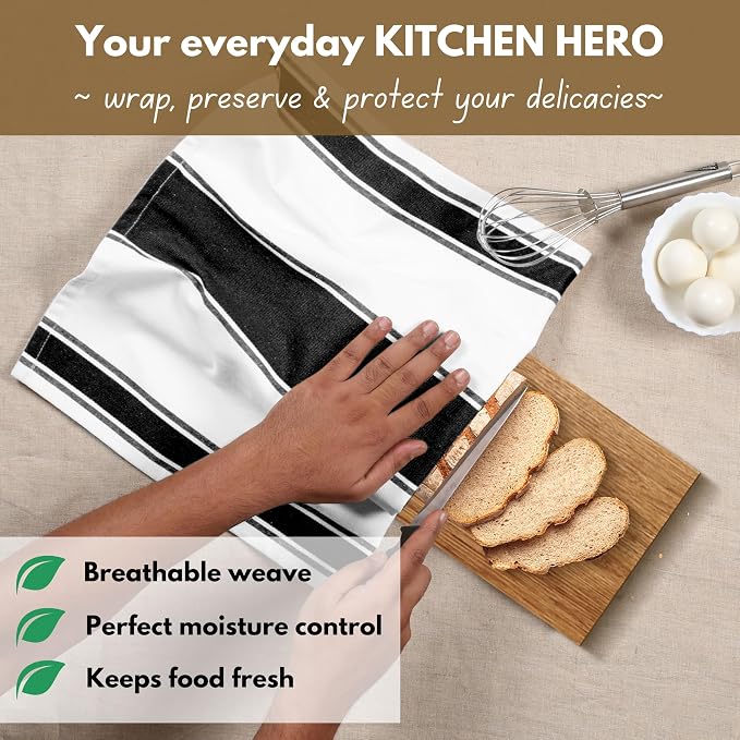 Native Fab Wide Striped Kitchen Towels - 18x28 Inch, 4 Pack Dish Towel Set, Highly Absorbent, Quick Drying, Cotton Dish Cloths for Dish Drying, Hand Wiping, and Counter Cleaning - Black