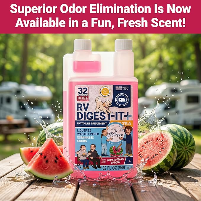 Unique RV Digest-It Ultra RV Toilet Treatment, 32 Uses, Grateful Glamper Watermelon Smash Exclusive, Eliminates Odors, Liquifies Waste, Easy-Measure Liquid Preventive Holding Tank Treatment 32 Fl Oz